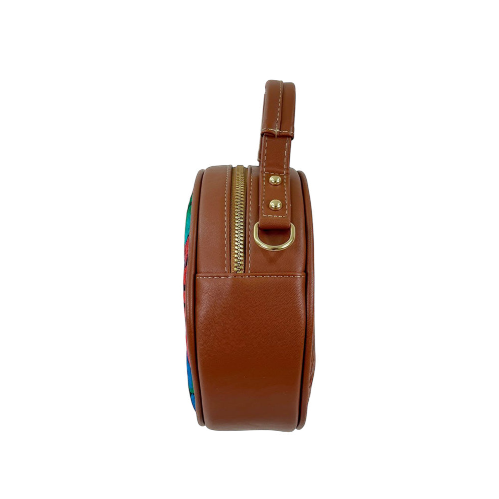 Joyce Purse - Round Leather Purse with Floral Embroidery, and Embossed Leather