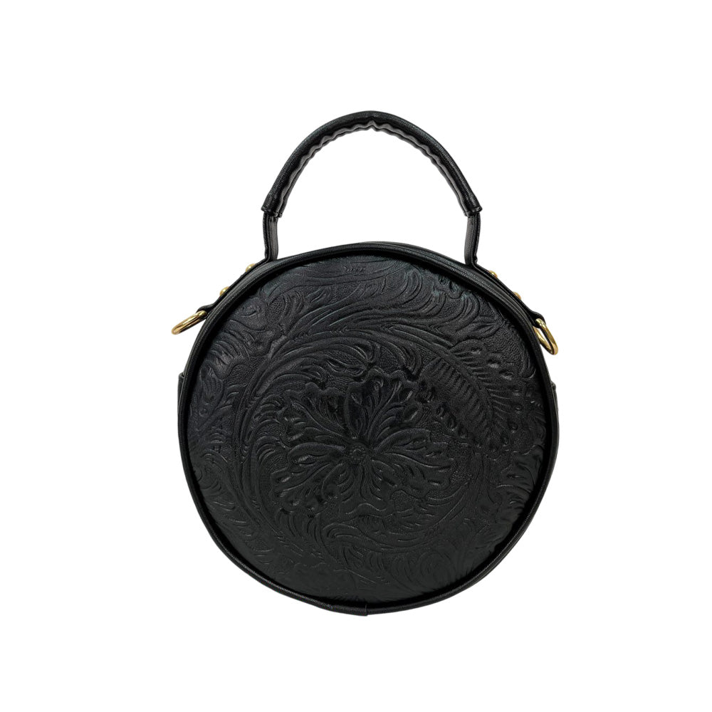 Joyce Purse - Round Leather Purse with Floral Embroidery, and Embossed Leather