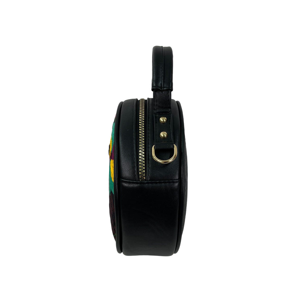 Joyce Purse - Round Leather Purse with Floral Embroidery, and Embossed Leather