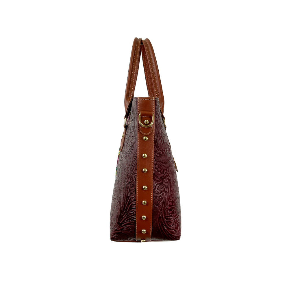 Katty Purse - Wine Embossed Leather with Front Embroidered Stripe