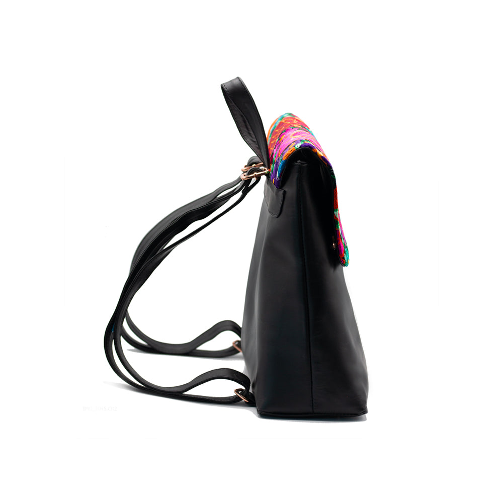 Mirbet Black Leather Embroidered Backpack