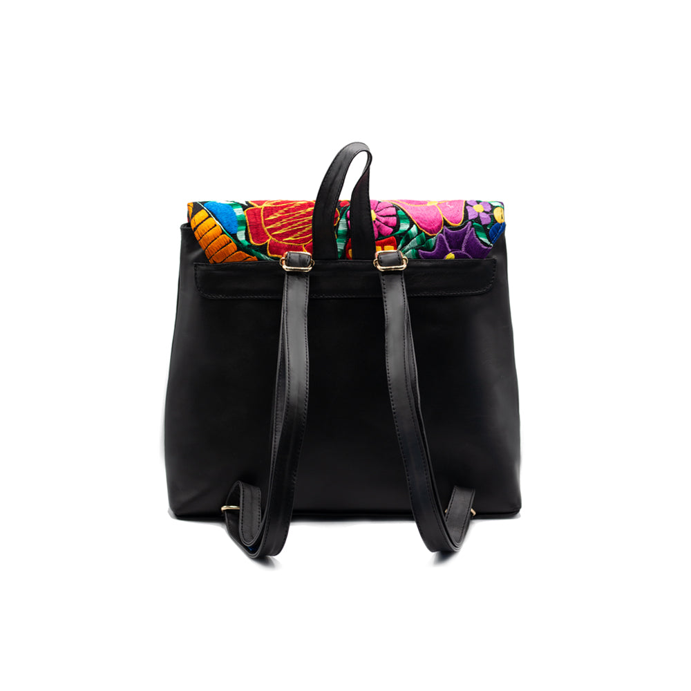Mirbet Black Leather Embroidered Backpack
