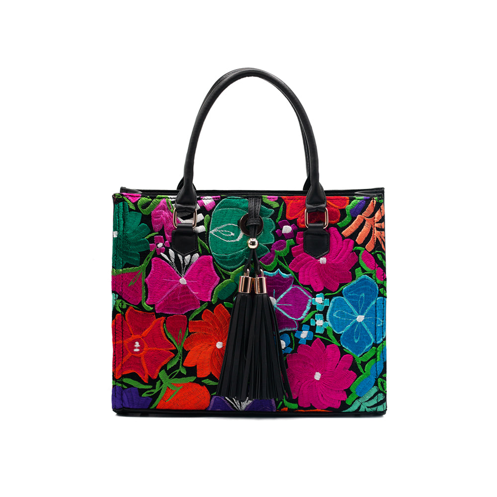 Maria Tote - Black Leather Embroidered Tote Bag