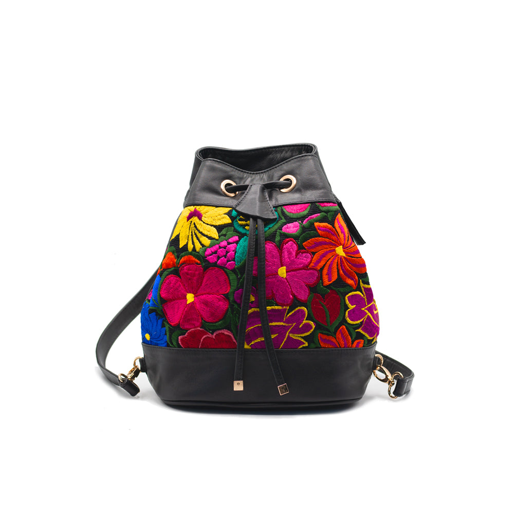 Flor Backpack - Black Leather Embroidered Backpack