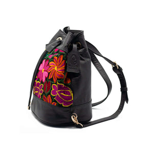 black floral leather flap backpack Flor Backpack - Black Leather Embroidered Backpack